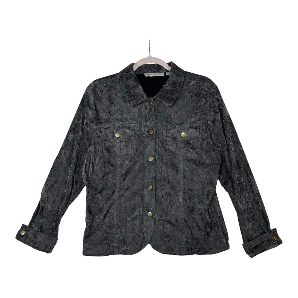 BAMBOO TRADERS Paisley Jacket L Gray Black Velvet Button Up Shacket Grunge